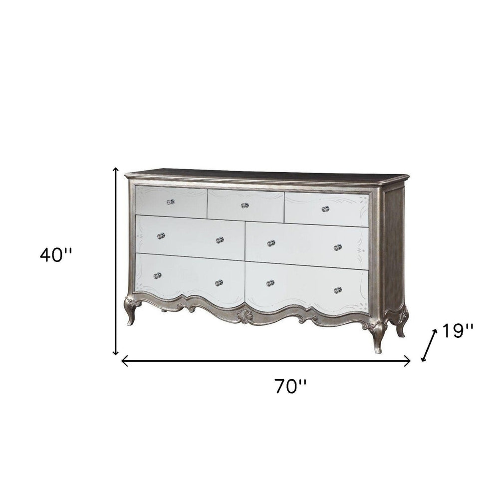 70" Champagne Solid and Manufactured Wood Mirrored Seven Drawer Triple Dresser Image 2