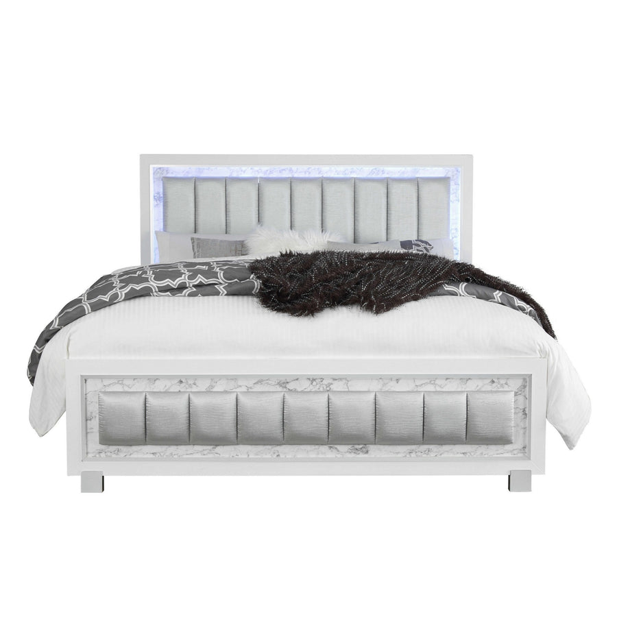 Modern Luxurious White Full Bed With Padded Headboard Led Lightning Image 1