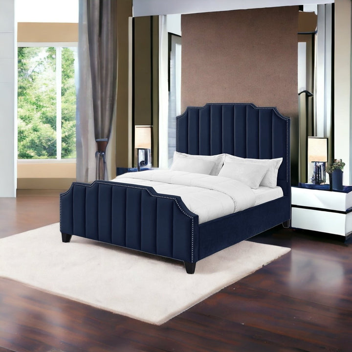 Navy Blue Solid Wood Queen Tufted Upholstered Velvet Bed with Nailhead Trim Image 4