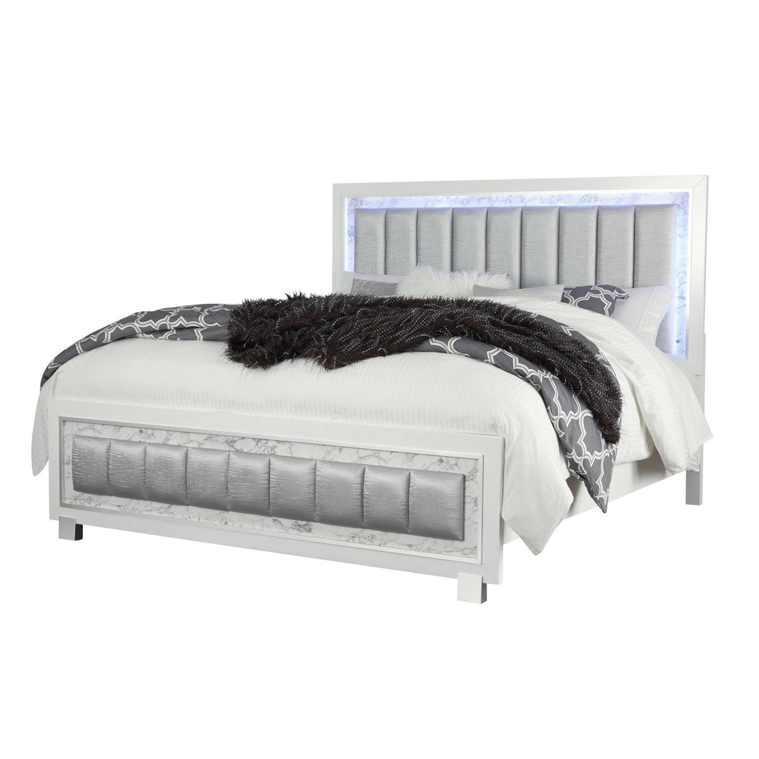 Modern Luxurious White Full Bed With Padded Headboard Led Lightning Image 2