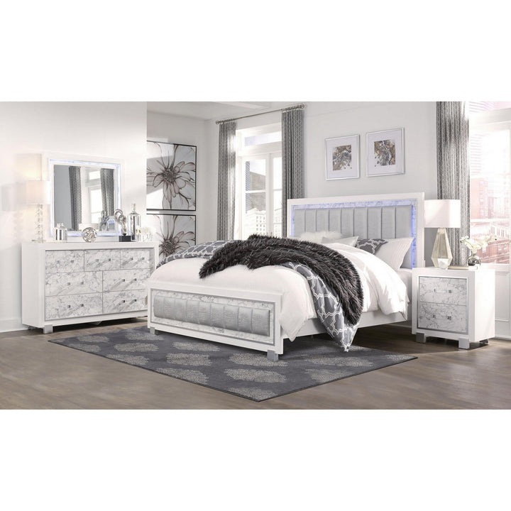 Modern Luxurious White Full Bed With Padded Headboard Led Lightning Image 3