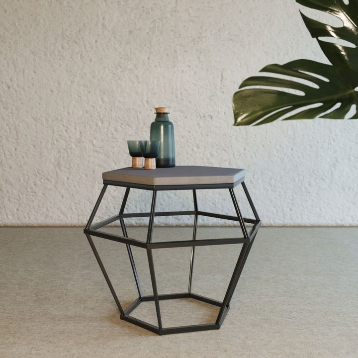 Modern Gray Concrete and Black Metal Hexagonal End Table Image 1