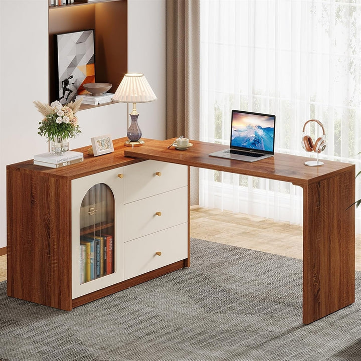 Tribesigns L Shaped Computer Desk with Drawers, Modern Corner Home Office Desk with Reversible Storage Cabinet for Home Image 1