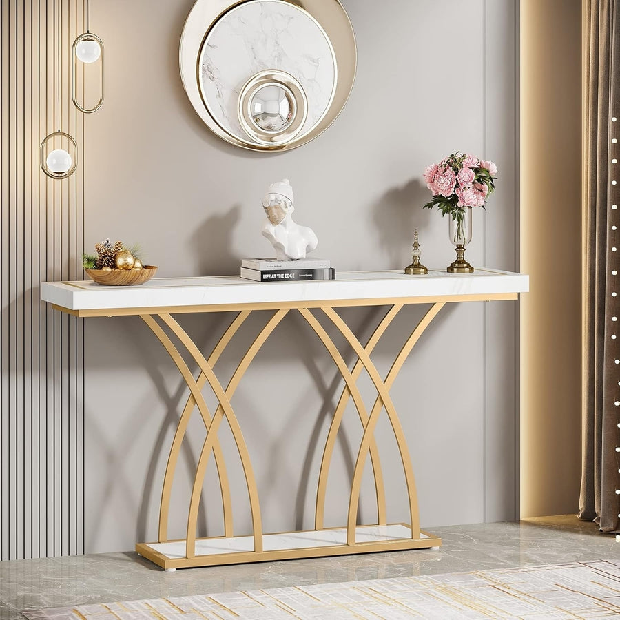 Tribesigns 55 Inch Gold Console Table Faux Marble Entryway Table Modern Design Image 1