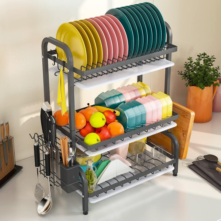 Tribesigns Dish Drying Rack, 3 Tier Dish Rack with Tray Utensil Holder, Large Capacity Dish Drainer with Cutting Board Image 2