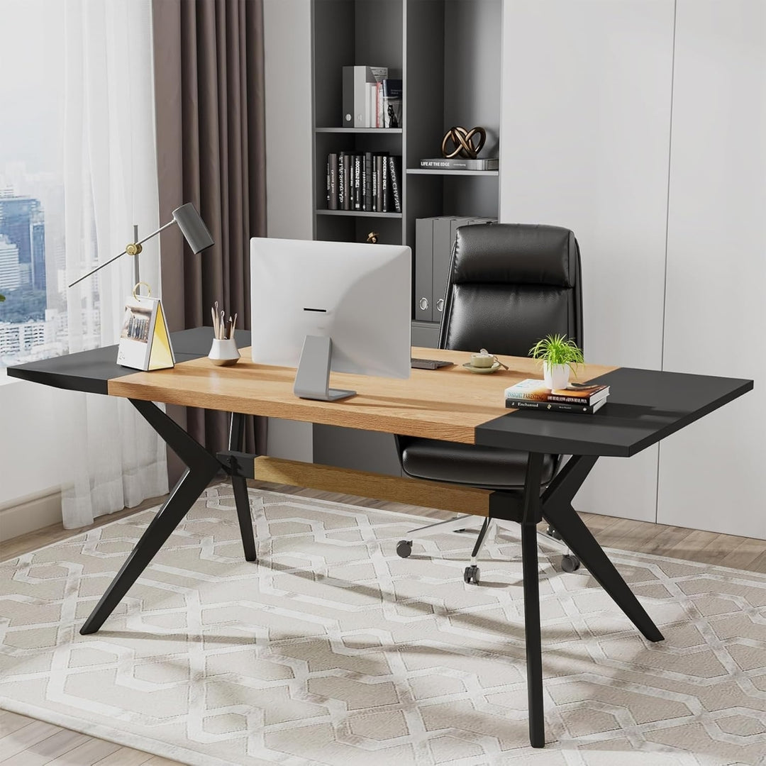 Tribesigns 63 Inch Executive Desk Large Modern Office Table Black Oak X-Shape Frame Image 2