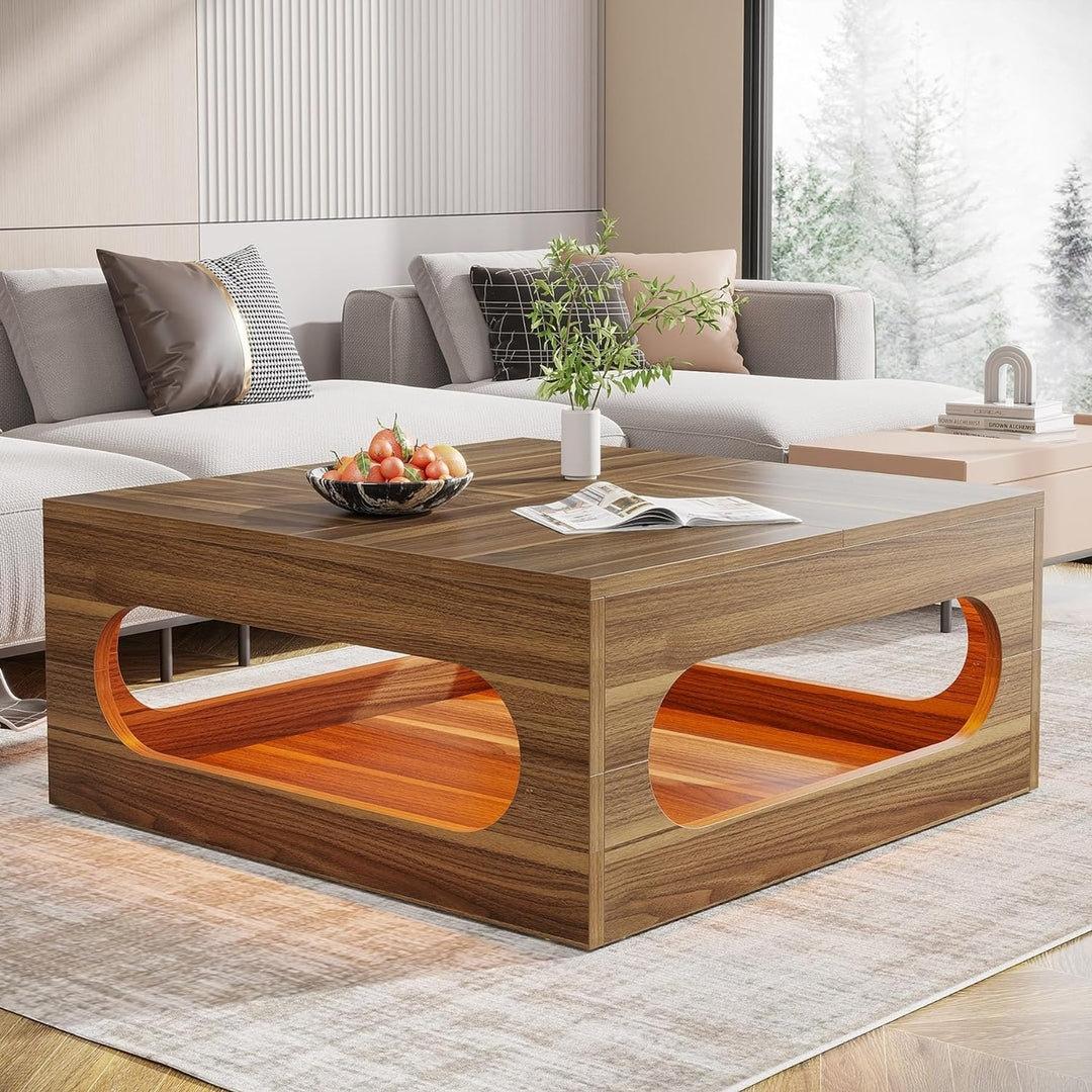 Tribesigns 43 Inch LED Coffee Table Wood Square with Storage for Living Room Image 1