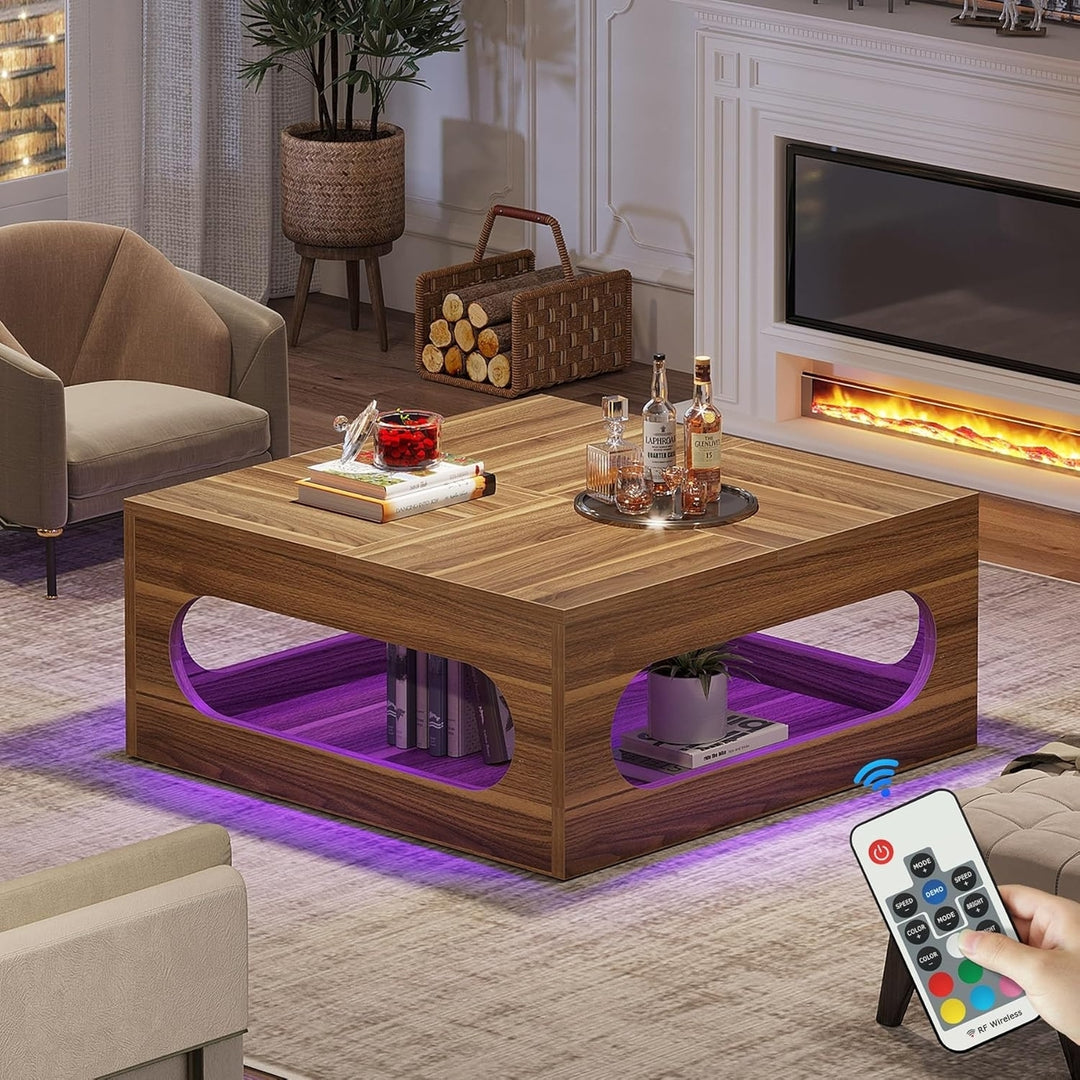 Tribesigns 43 Inch LED Coffee Table Wood Square with Storage for Living Room Image 3