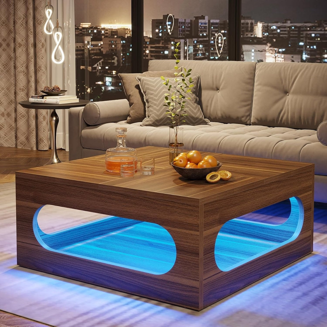 Tribesigns 43 Inch LED Coffee Table Wood Square with Storage for Living Room Image 4