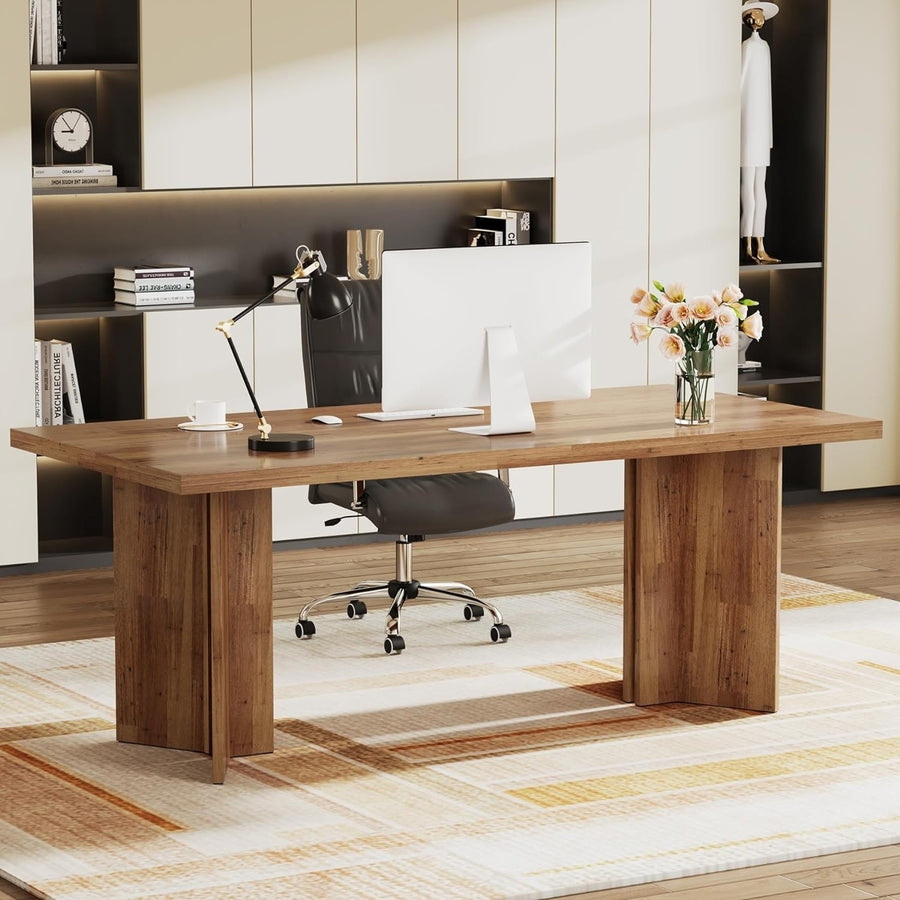 Tribesigns 63-inch Executive Desk, Vintage Office Computer Desk with Large Tabletop, Farmhouse Wood Writing Conference Image 1