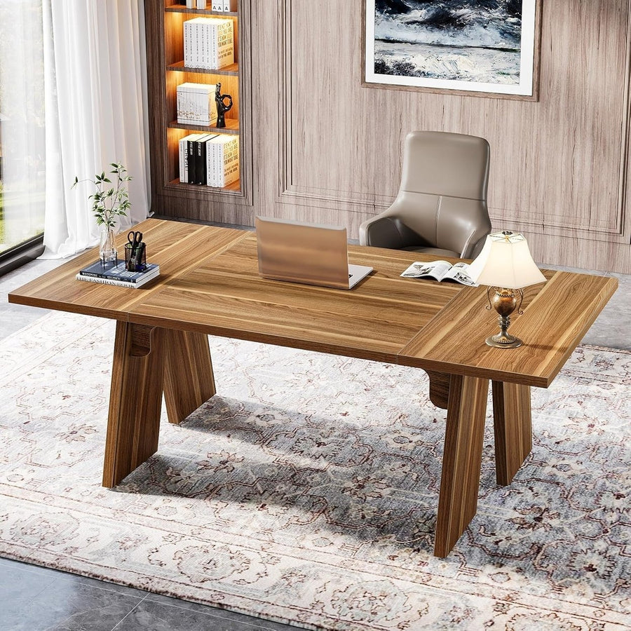 Tribesigns 70.9" Walnut Executive Desk Solid Wood Large Office Computer Desk Image 1