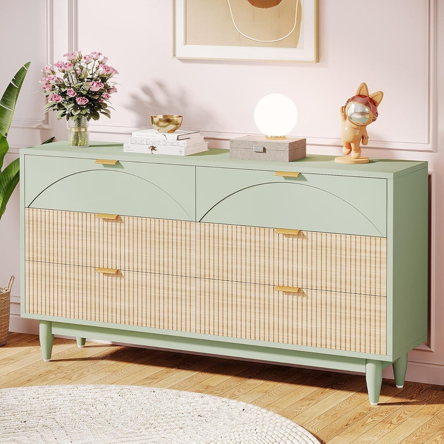 Tribesigns 6-Drawer Dresser,55 Inches Modern Chest of Drawers with Gold Metal Handles, Long Double Dresser, Wood Cabinet Image 1