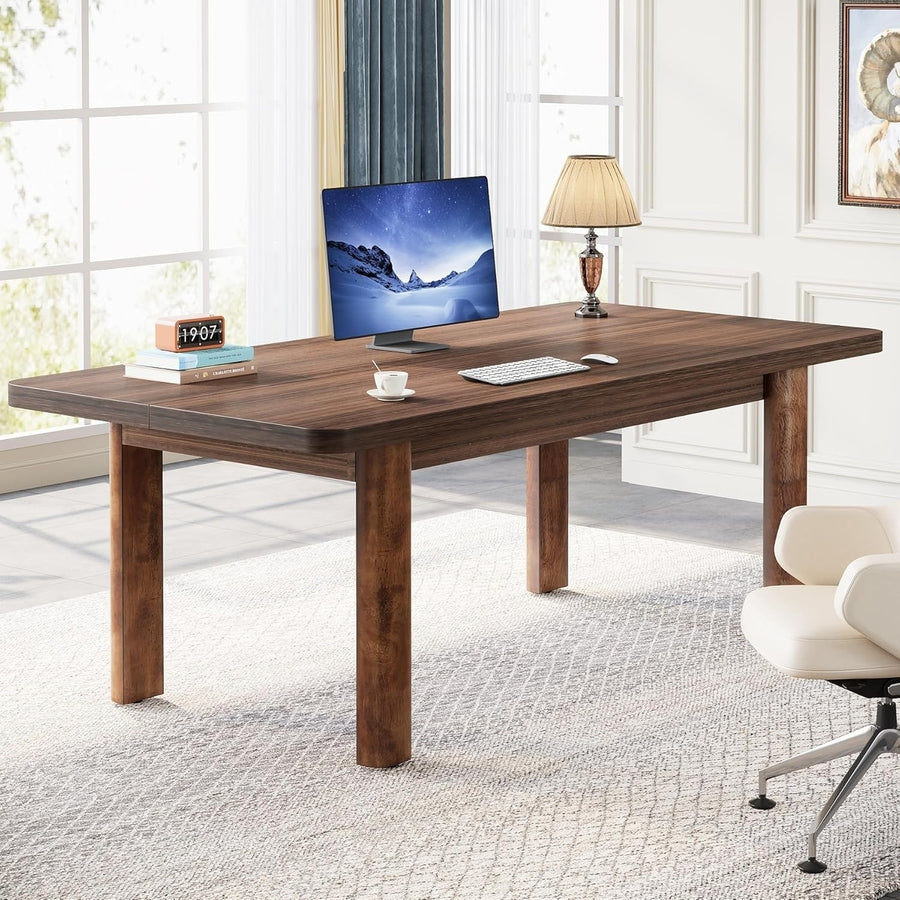 Tribesigns 63-Inch Computer Desk with Solid Wood Legs, Simple Farmhouse Study Writing Desk, Conference Table for Home Image 1