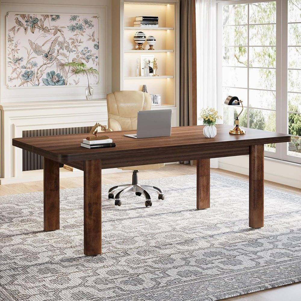 Tribesigns 63-Inch Computer Desk with Solid Wood Legs, Simple Farmhouse Study Writing Desk, Conference Table for Home Image 2