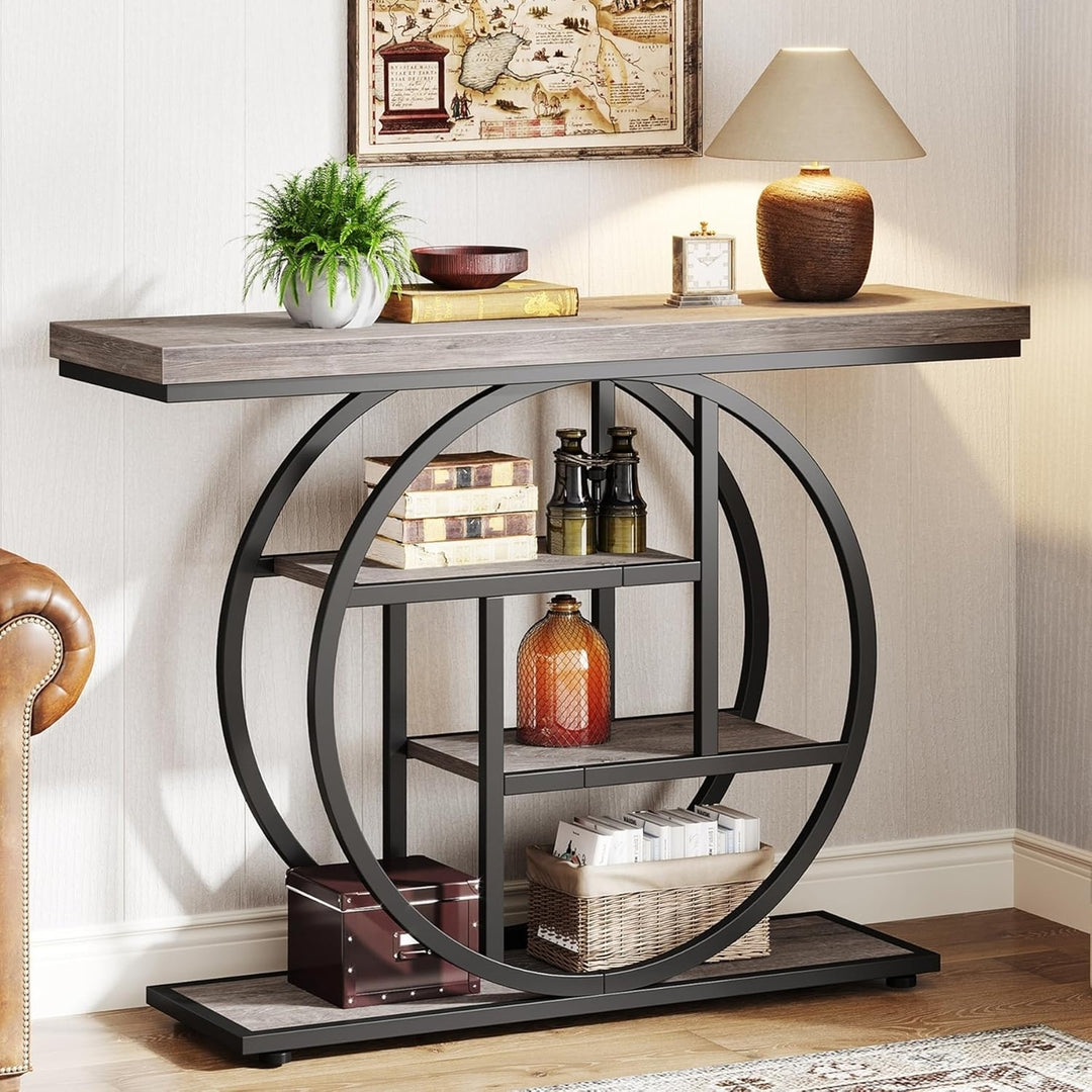 Tribesigns 41.3" Industrial Console Table with 4 Storage Shelves Circle Base Image 1