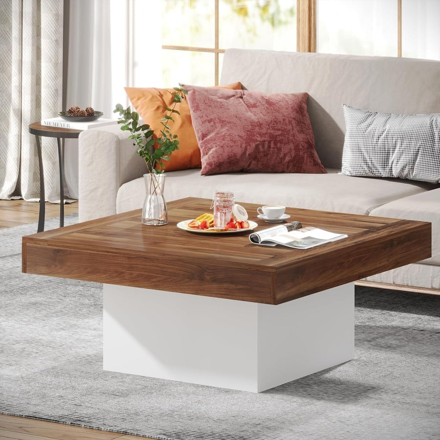 Tribesigns Farmhouse Coffee Table 35.4" LED Adjustable Wood Rustic Living Room Image 1