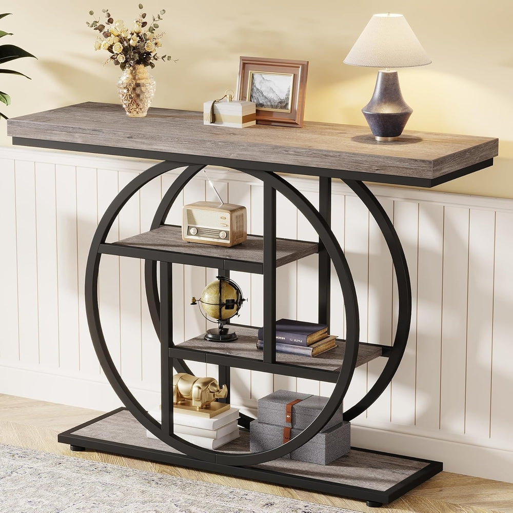 Tribesigns 41.3" Industrial Console Table with 4 Storage Shelves Circle Base Image 2