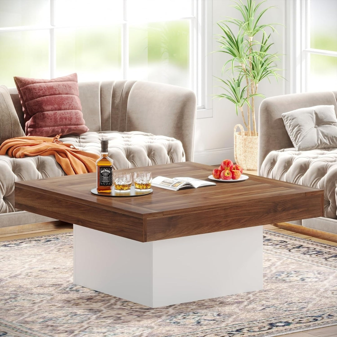 Tribesigns Farmhouse Coffee Table 35.4" LED Adjustable Wood Rustic Living Room Image 2