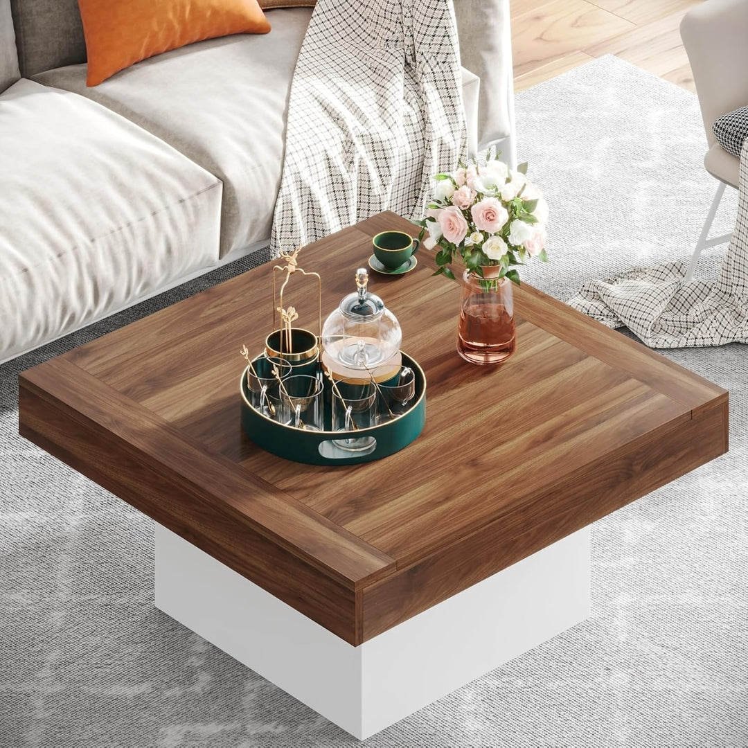 Tribesigns Farmhouse Coffee Table 35.4" LED Adjustable Wood Rustic Living Room Image 3