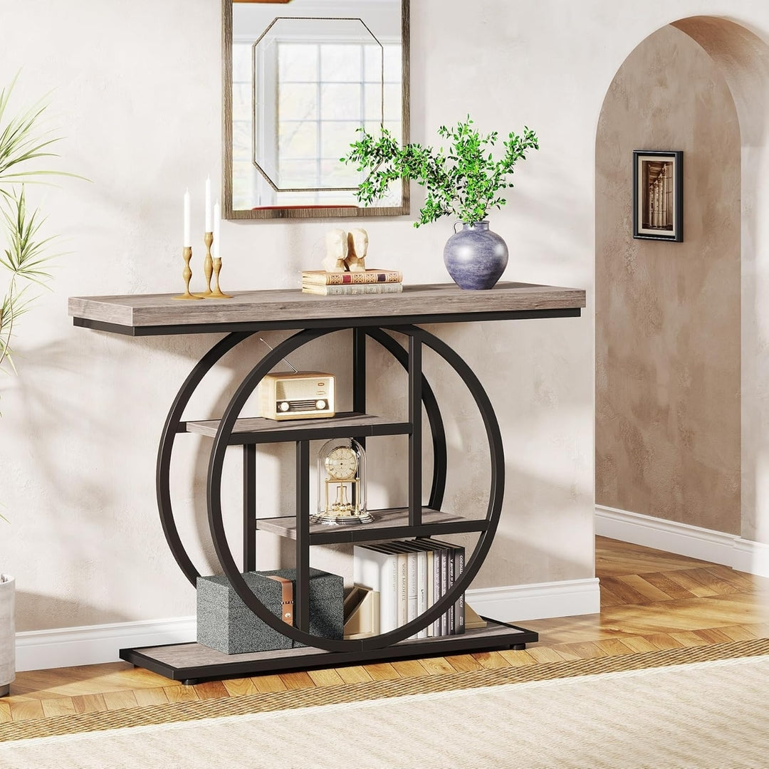 Tribesigns 41.3" Industrial Console Table with 4 Storage Shelves Circle Base Image 3