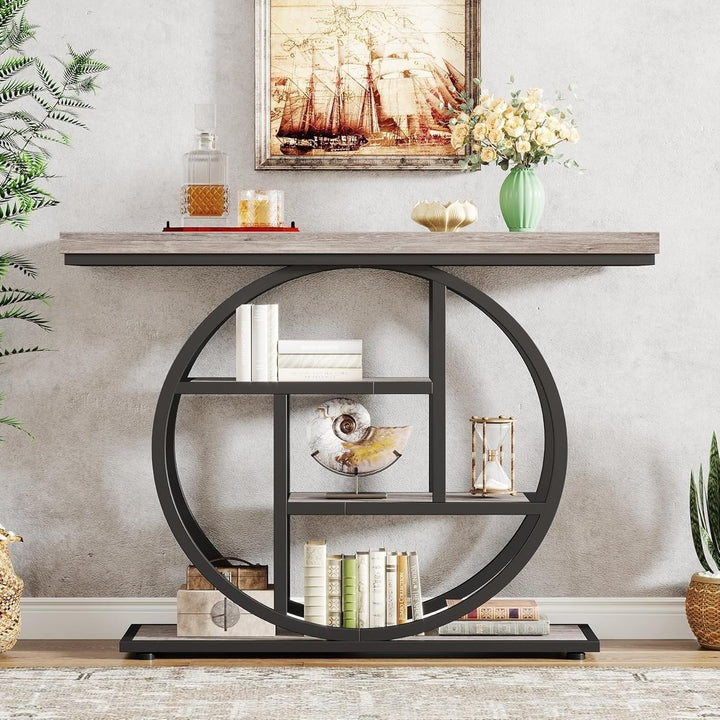 Tribesigns 41.3" Industrial Console Table with 4 Storage Shelves Circle Base Image 5