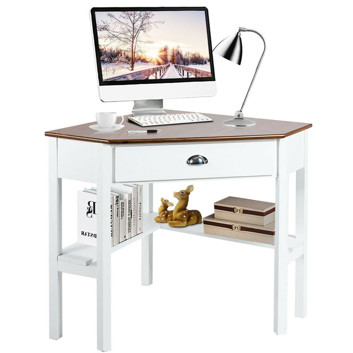 Corner Computer Desk Laptop Writing Table Workstation W/ Drawer and Shelves Brown/White/Gray Image 7