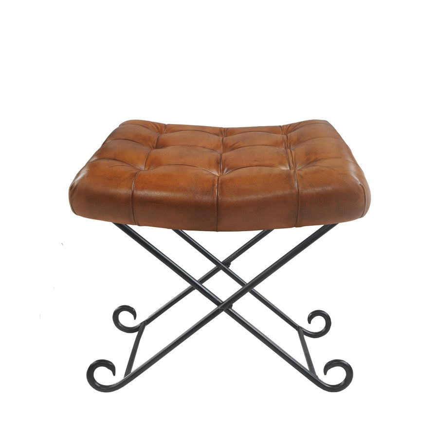 14" Brown Faux leather Footstool Ottoman Image 1