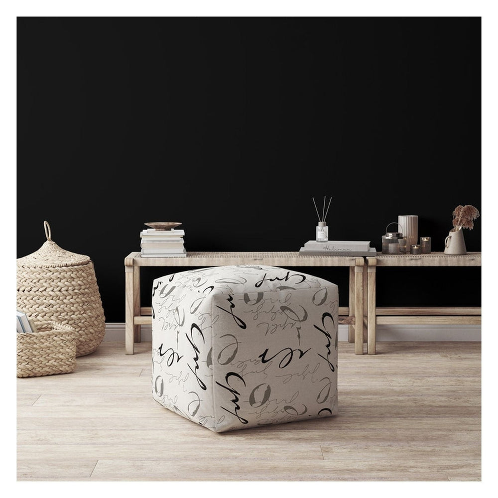 17" White and Gray Polyester Abstract Pouf Ottoman Image 2