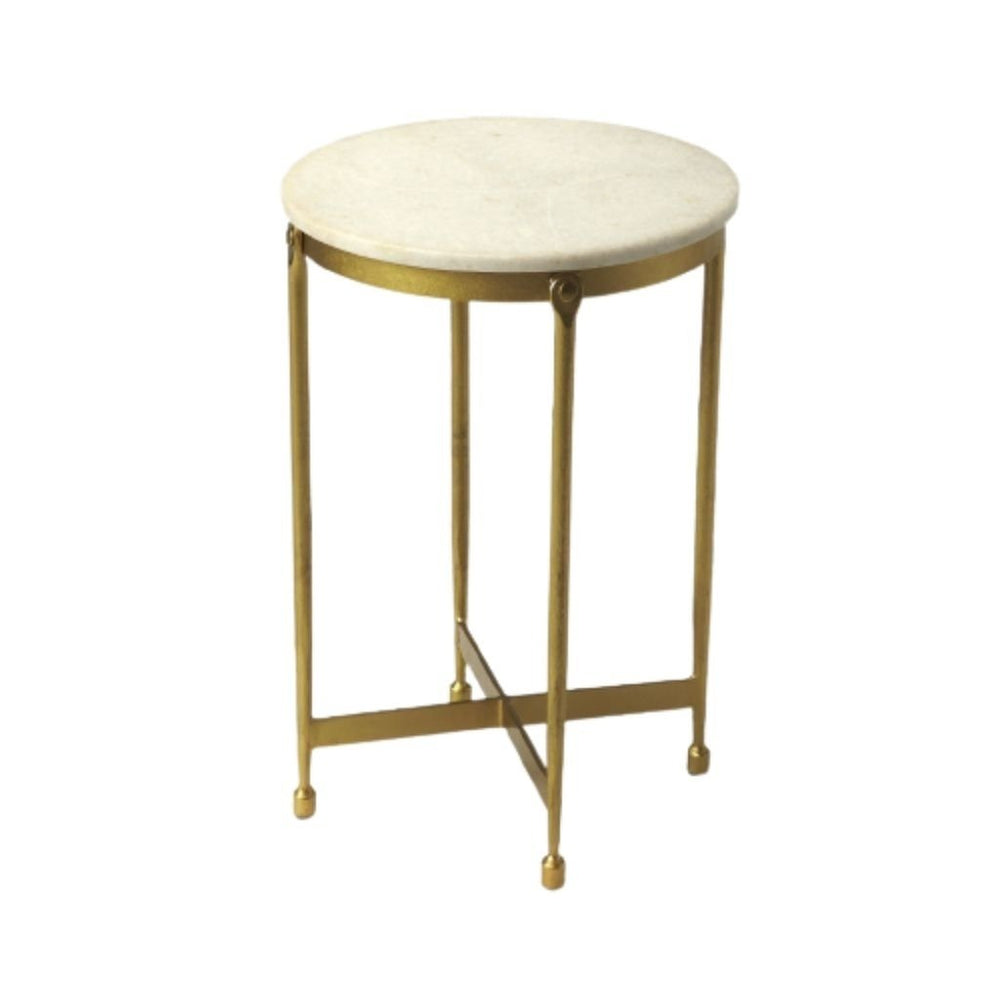 20" Antiqued Gold And White Marble Round End Table Image 2