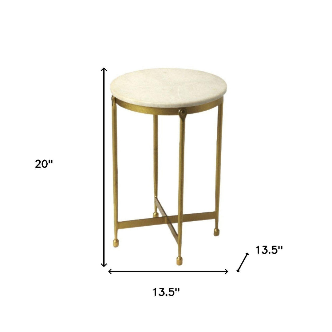 20" Antiqued Gold And White Marble Round End Table Image 3