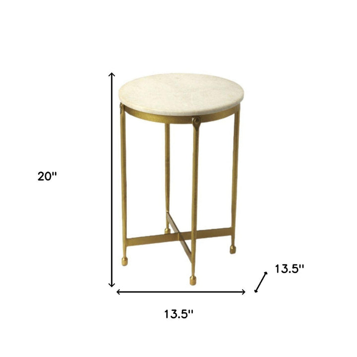 20" Antiqued Gold And White Marble Round End Table Image 3