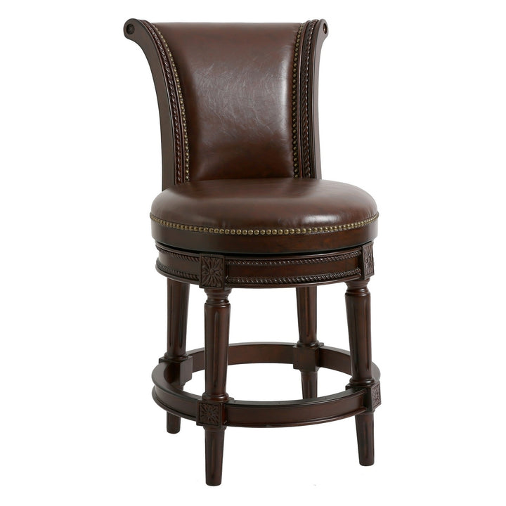 25" Dark Brown Faux Leather And Solid Wood Swivel Counter Height Bar Chair Image 1