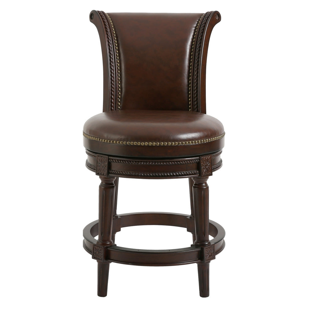 25" Dark Brown Faux Leather And Solid Wood Swivel Counter Height Bar Chair Image 2