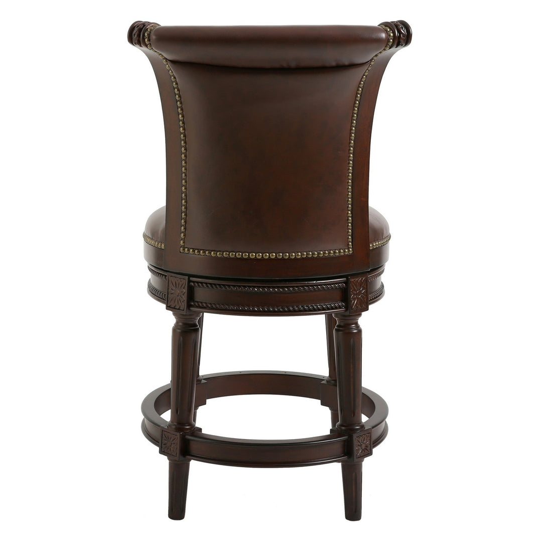 25" Dark Brown Faux Leather And Solid Wood Swivel Counter Height Bar Chair Image 3