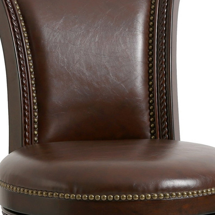 25" Dark Brown Faux Leather And Solid Wood Swivel Counter Height Bar Chair Image 4