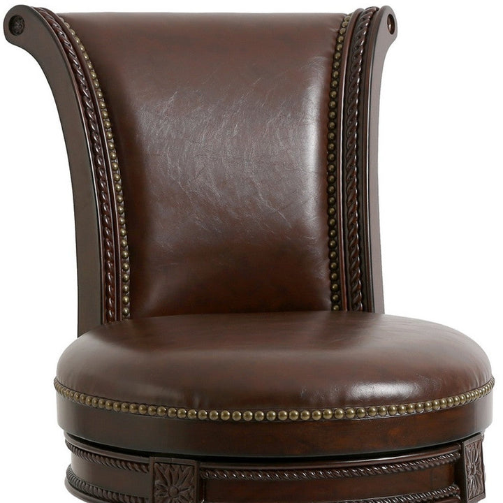 25" Dark Brown Faux Leather And Solid Wood Swivel Counter Height Bar Chair Image 5