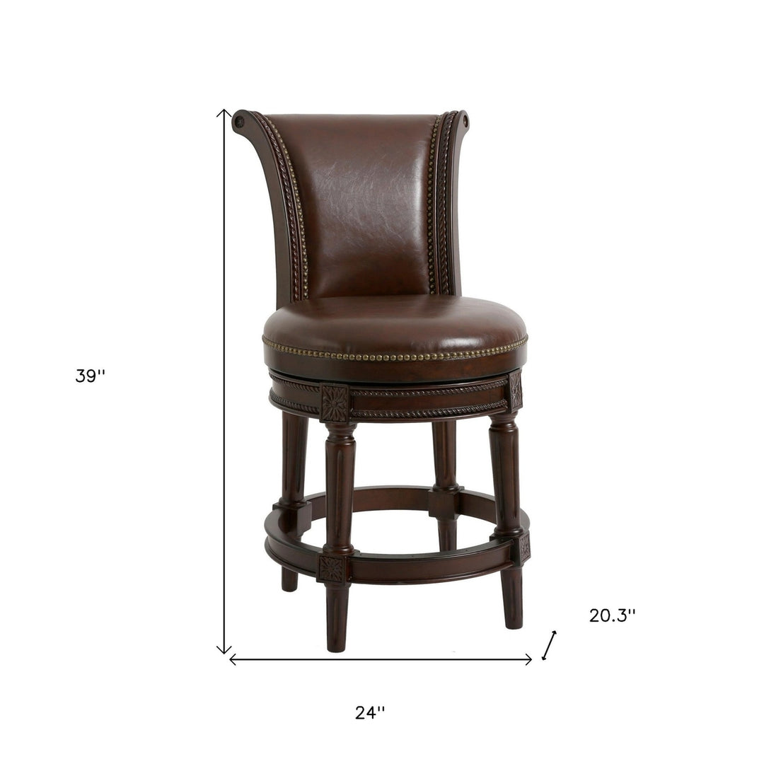 25" Dark Brown Faux Leather And Solid Wood Swivel Counter Height Bar Chair Image 7