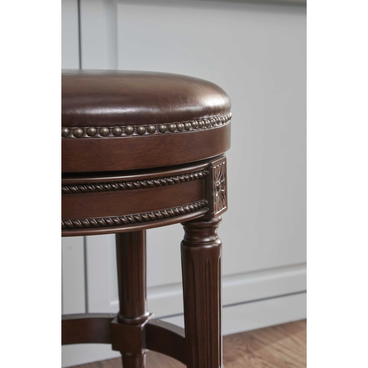 26" Dark Brown And Wood Brown Faux Leather Swivel Backless Counter Height Bar Chair Image 3