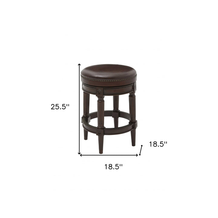 26" Dark Brown And Wood Brown Faux Leather Swivel Backless Counter Height Bar Chair Image 6