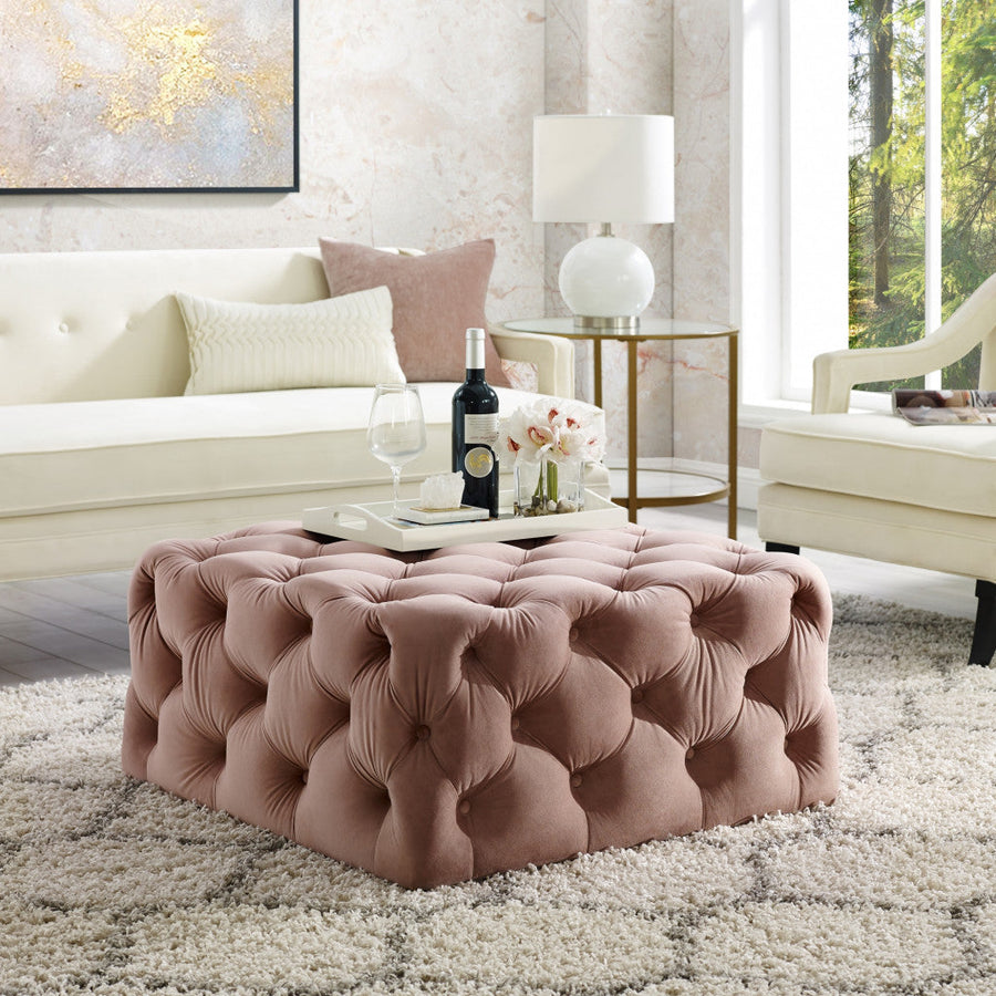 33" Blush Velvet Rolling Tufted Cocktail Ottoman Image 1