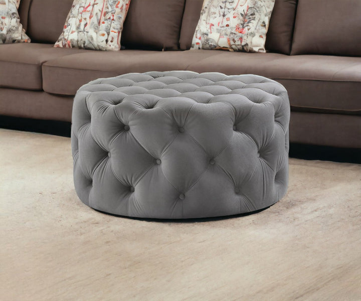 33" Blush Velvet Rolling Tufted Round Cocktail Ottoman Image 1