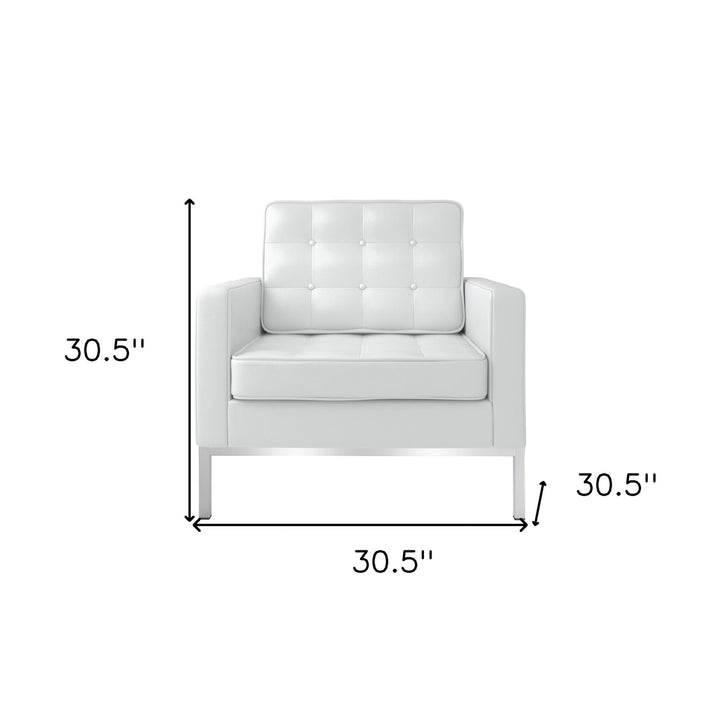 31" White And Silver Italian Leather Tufted Arm Chair Image 7