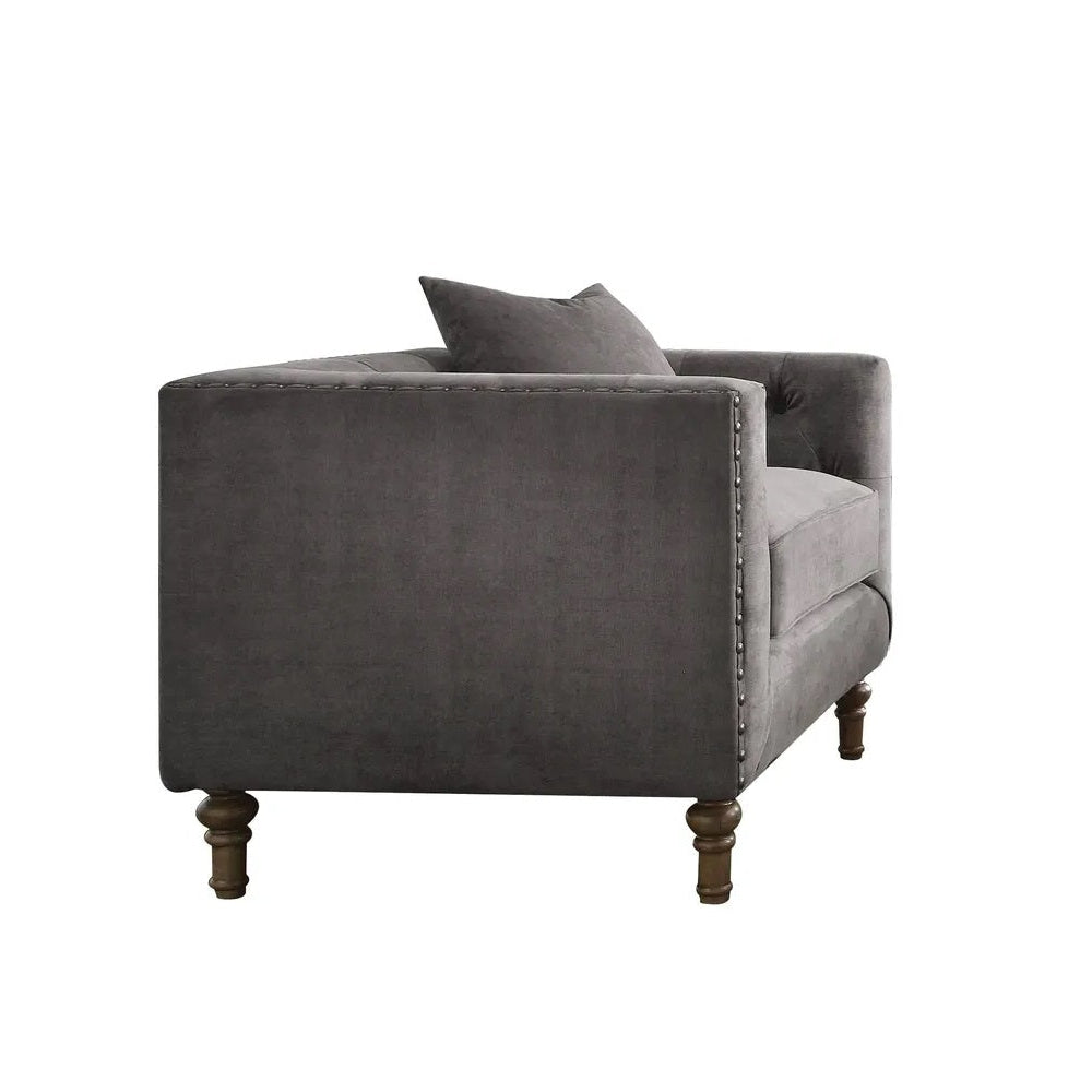 41" Gray And Brown Velvet Tufted Arm Chair Image 1