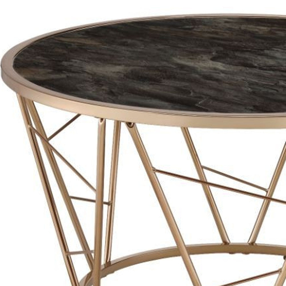 33" Gold Steel And Faux Black Marble Round Top Coffee Table Image 3