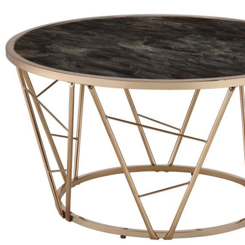 33" Gold Steel And Faux Black Marble Round Top Coffee Table Image 4