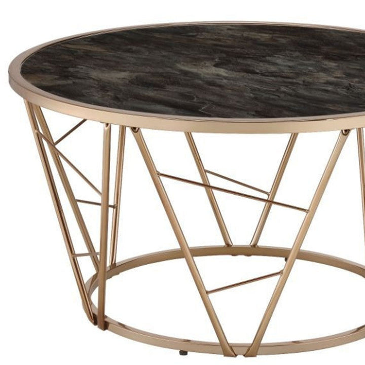 33" Gold Steel And Faux Black Marble Round Top Coffee Table Image 4