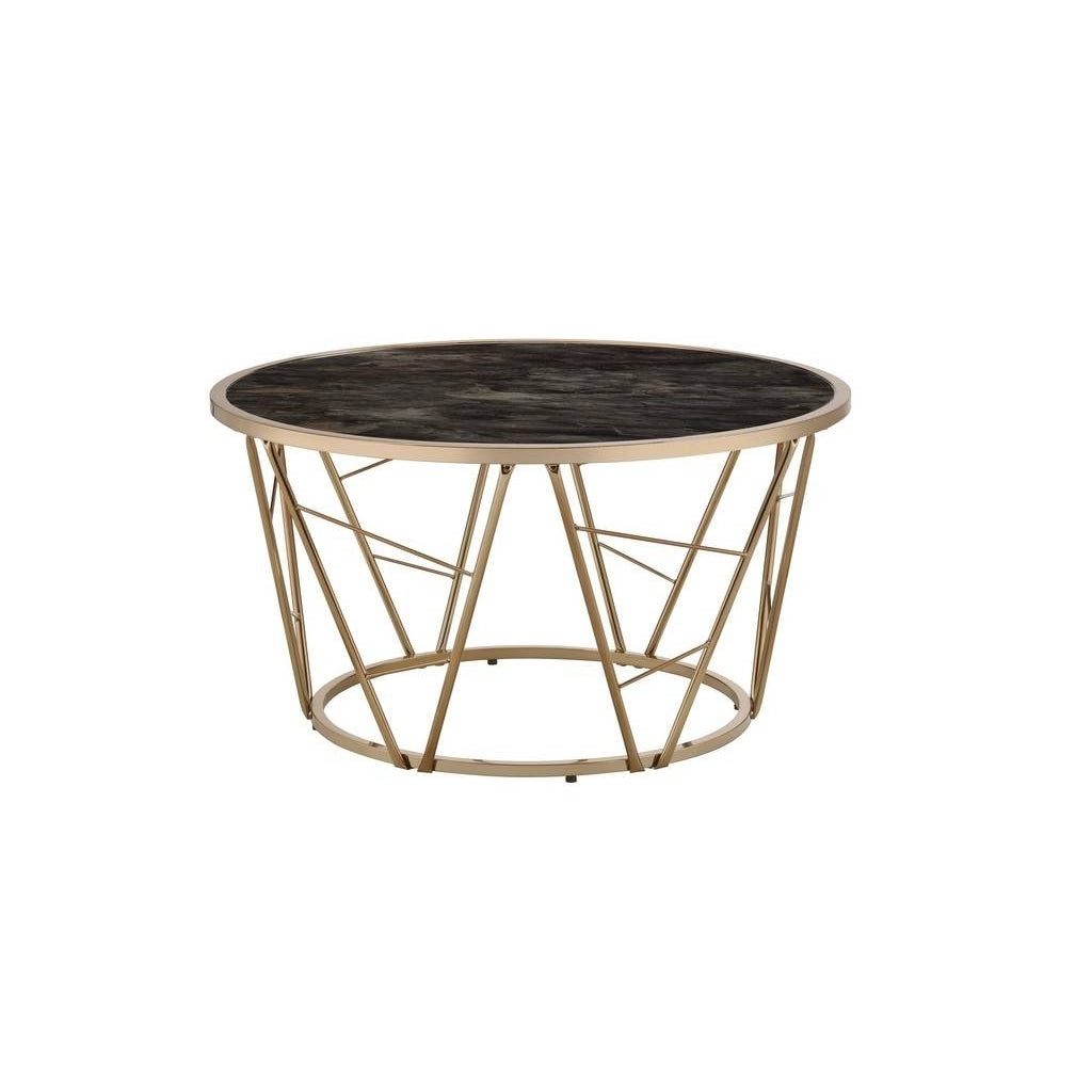 33" Gold Steel And Faux Black Marble Round Top Coffee Table Image 5