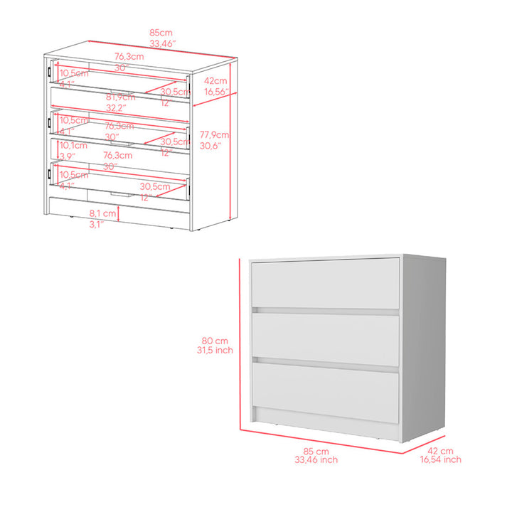 33" White Three Drawer Dresser Image 7