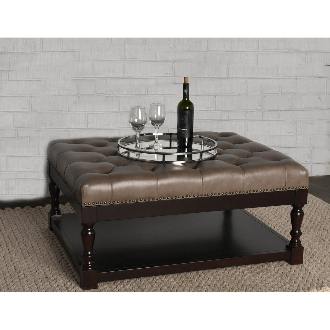 35" Gray And Dark Brown Leather And Solid Wood Coffee Table With Shelf Image 2