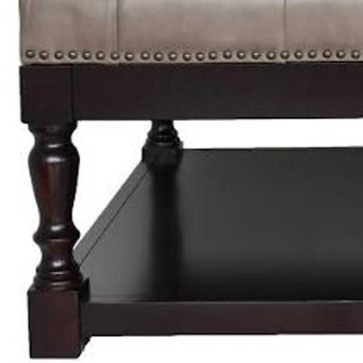 35" Gray And Dark Brown Leather And Solid Wood Coffee Table With Shelf Image 5